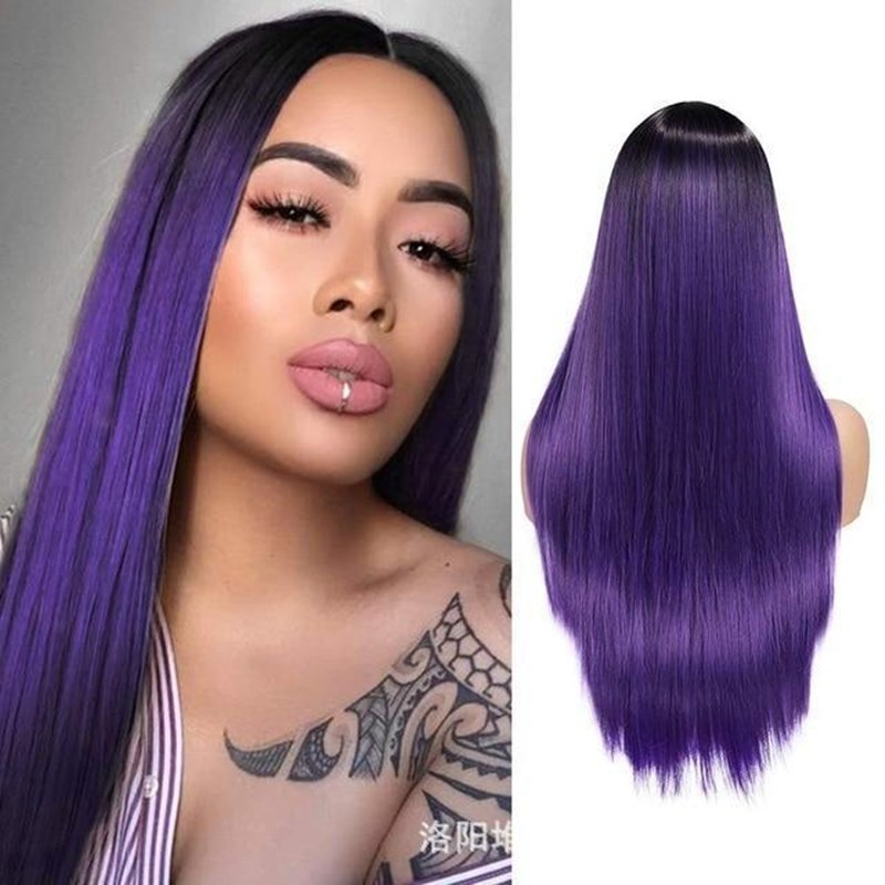 Women Long Straight Purple Wig Middle Parting Wig
