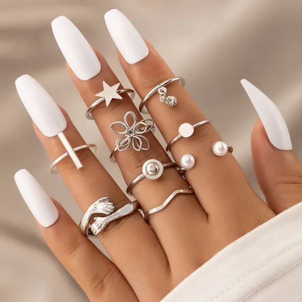 Flower Star Silver Nine Piece Ring Set Pearl Diamond Adjustable Ring Set Women