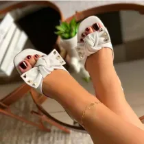 Women Square Toe Bow Tie Strap Flat Sandal Slipper