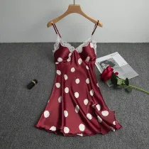 Women Satin Silk Sleep Dress Polka Dots Sling Lace V-Neck Dress Pajamas