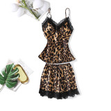 Women 2 Pieces Satin Silk Sleepwear Leopard Printed Sling Lace Tops and Shorts