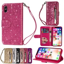 Glitter Powder Zip Leather Flap Wallet Drop Proof Phone Case for iPhone13 12 11 Pro Max