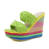 Women Open Toe Weave Strap Colorful Wedge Sandal Slipper