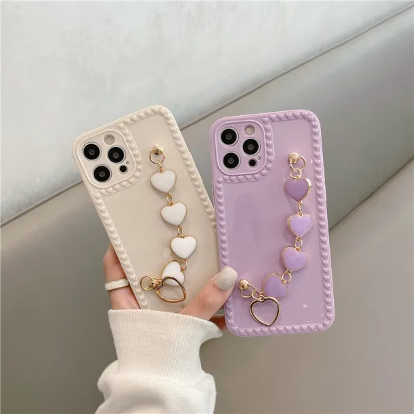 3D Heart Frame Drop Proof Phone Case for iPhone13 12 11 Pro Max with Love Heart Chain Wristband
