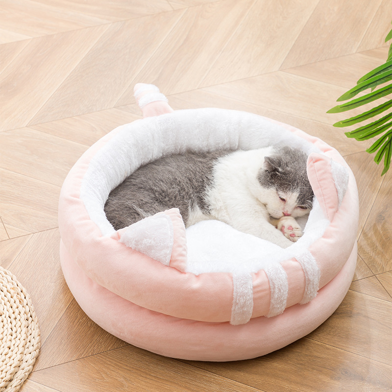 Round Flannel Washable Dog Kennel Pet House with Cat Ears