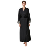 Women Silk Long Sleeve Surplice Nightgown Dress with Belt