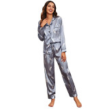 Women 2 Pieces Satin Silk Sleepwear Long Sleeve Sriped Shirts and Pants Pajamas Set