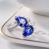 Sterling Silver Pave Zirconia Pear Cut Sapphire Adjustable Gemstone Rings