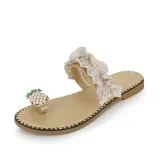 Women Rhinestone Crystal Pearls Pineapple Flip Flop Ruffles Flat Slip-on Sandals Slippers