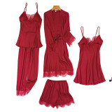 Women 5 Pieces Satin Silk Sleepwear Robe and Sling Dress Pajamas Set