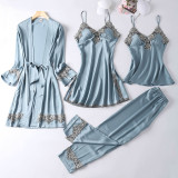 Women 4 Pieces Satin Silk Sleepwear Robe Sling Dress and Cami Top Shorts Pajamas Set