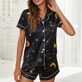 Women 2 Pieces Satin Silk Sleepwear Short Sleeve Mixed Print Shirt and Shorts Pajamas