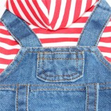Pet Small Dog Cloth Red Striped Hooded Shirt Denim Overall Puppy Cloth