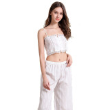 Women 2 Pieces White Sleepwear Silk Sling Vest Lace Top and Long Pants Pajamas Set