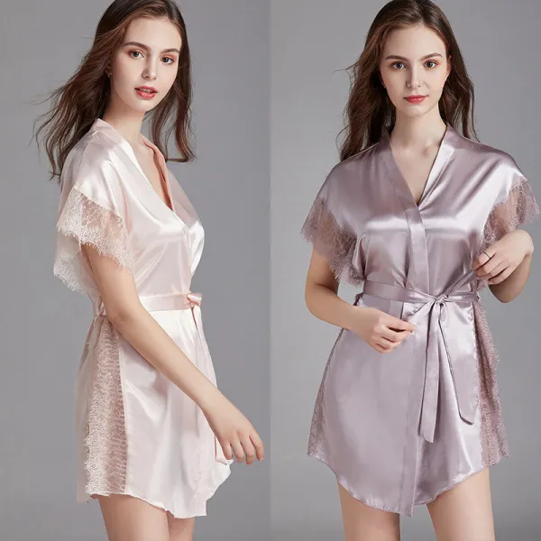 Women Satin Silk Sleep Dress Short Sleeve Lace Robe Dress Pajamas