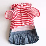 Pet Small Dog Red Striped Hooded Shirt Denim Strap Dress Puppy Cloth