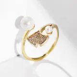 Pearl Ginkgo Leaf Fashion Jewelry Inlaid Diamond Adjustable Size Women Ring