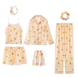 Women 7 Pieces Satin Silk Sleepwear Long Sleeve StripeD Shirt and Pants with Eye Mask and Headband Pajamas Set