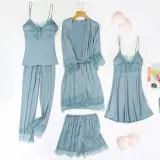 Women 5 Pieces Satin Silk Sleepwear Robe and Sling Dress Pajamas Set