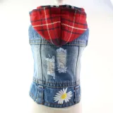 Pet Small Dog Red Lattice Hooded Shirt Daisy Pattern Denim Vest Puppy Cloth