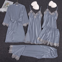 Women 5 Pieces Satin Silk Sleepwear Sling Sleep Dress and Robe Pajamas Set