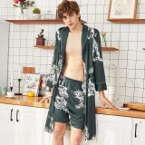 Women 2 Pieces Satin Silk Sleepwear Printed Robe Nightgown and Shorts Pajamas Set