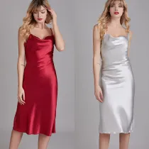 Women Satin Silk Sleepwear Swing Collar Sleeveless Sling Midi Robe Dress Pajamas