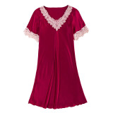 Women Satin Silk Sleepwear Short Sleeve Lace Swing Mini Dress Pajamas