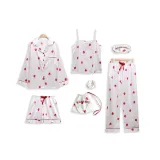 Women 7 Pieces Satin Silk Sleepwear Long Sleeve Shirt and Pants with Eye Mask and Headband Pajamas Set