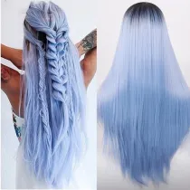 Women Halloween Ombre Blue Straight Long Wigs