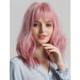 Women Pink Short Natural Wave Wigs With Neat Bang