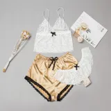 Women 3 Pieces Satin Silk Sleepwear Lace Sling Top Shorts and Lingerie Pajamas Set