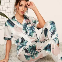 Women 2 Pieces Satin Silk Sleepwear Palm Printed Short Sleeve Shirt and Pants Pajamas Set