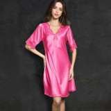 Women Satin Silk Sleep Dress Solid Color Short Sleeve V-Neck Swing Mini Dress Pajamas