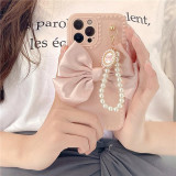 3D Bowknot Drop Proof Phone Case for iPhone13 12 11 Pro Max with Pearl Chain