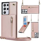 Zipper Leather Wallet Drop Proof Phone Case for iPhone13 12 11 Pro Max with Crossbody Lanyard