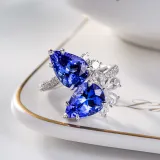 Sterling Silver Pave Zirconia Pear Cut Sapphire Adjustable Gemstone Rings