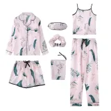 Women 7 Pieces Satin Silk Sleepwear Cami Tops and Long Sleeve Shiet with Eye Mask Pajamas Set
