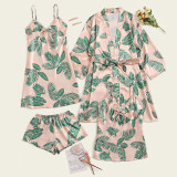 Women 4 Pieces Satin Silk Sleepwear Palm Print Robe Nightgown and V-Neck Sling Dress Pajamas Set