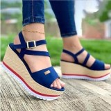 Causal Belt Bucket Solid Color Stylish Fish Mouth Open Toe Wedge Sandals