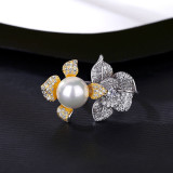 Sterling Silver Flower Pave Zirconia Solitaire Pearl Rings
