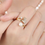 Pearl Ginkgo Leaf Fashion Jewelry Inlaid Diamond Adjustable Size Women Ring