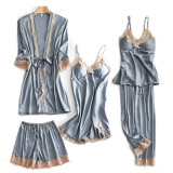 Women Ice Satin Silk Sleepwear Rob and Sling Dress Cami Top Pajamas Set
