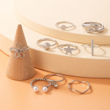 Flower Star Silver Nine Piece Ring Set Pearl Diamond Adjustable Ring Set Women