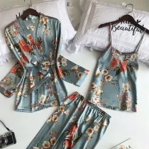 Women 3 Pieces Satin Silk Sleepwear Pajamas Robe Nightgown Floral Printed Sling Top and Pants Pajamas Set