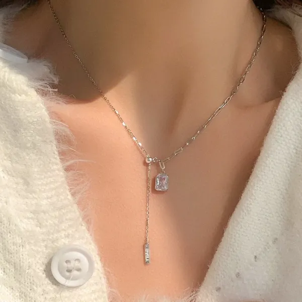 Square Diamond Tassel Necklace Female Versatile Niche Long Sterling Silver Pendant Clavicle Chain
