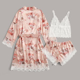 Women 3 Pieces Satin Silk Sleepwear Floral Printed Nightgown and Sling Lace Tops Shorts Pajamas Set