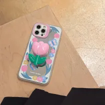 Pink Tulip Mirror Drop Proof Phone Case for iPhone13 12 11 Pro Max with Tulip Bracket