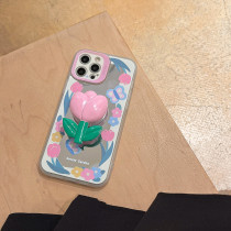 Pink Tulip Mirror Drop Proof Phone Case for iPhone13 12 11 Pro Max with Tulip Bracket