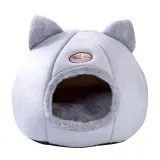 Grey Cat Ear Circular Semi Closed Plush Warm Dog Cat Kennel Pet House